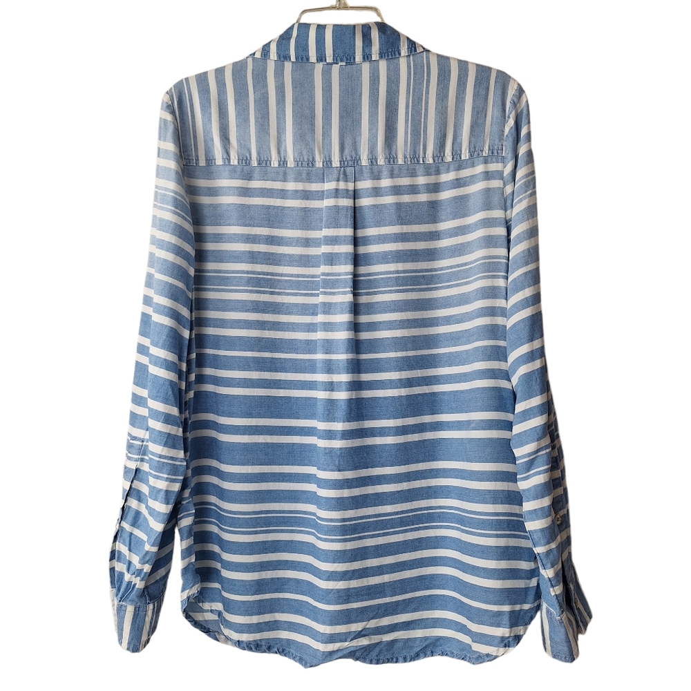 New York & Company Blue White Stripe Button‎ Up Shirt - Picture 2 of 15